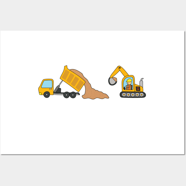 kids drawing of construction vehicles, dump truck unloading gravels and excavator dredging them Wall Art by wordspotrayal